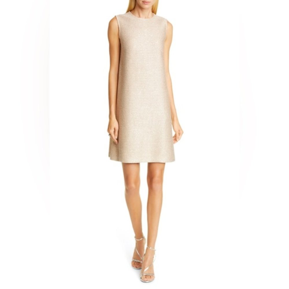 NWT St. John Evening Glimmering Sequined Knit Trapeze Dress Abalone/Silver-Gold